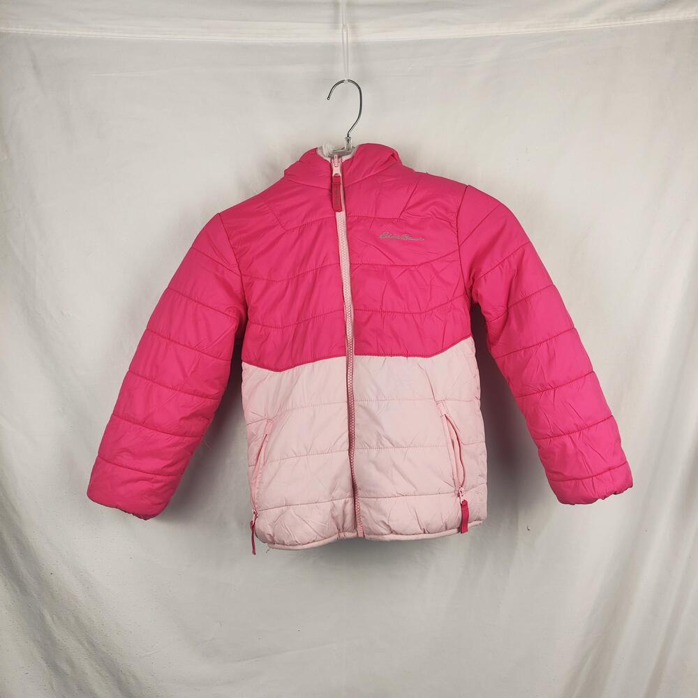 Eddie Bauer Jacket Youth Small 7/8 Pink Colorblock Hooded Reversible Puffer